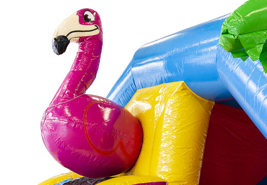 Opblaasbare slide combo springkussen met glijbaan bestellen voor kinderen. Koop nu springkussens in flamingo thema bij JB Inflatables Nederland