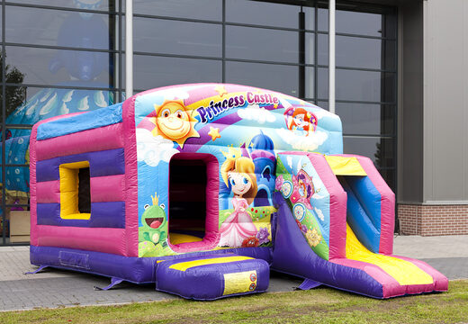 Opblaasbaar overdekt multiplay maxi multifun luchtkussen met glijbaan kopen in thema prinses voor kinderen. Bestel luchtkussens online bij JB Inflatables Nederland
