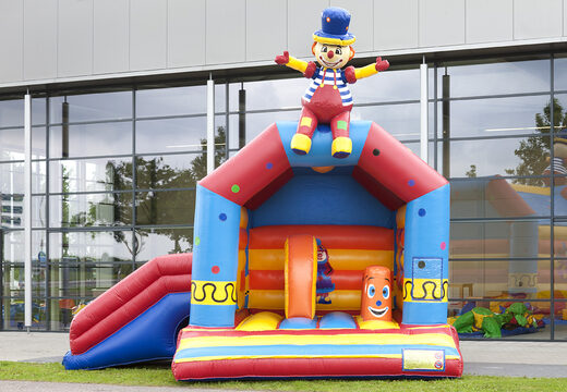 Opblaasbaar overdekt multiplay multifun springkussen met glijbaan kopen in thema clown voor kinderen. Bestel online springkussens bij JB Inflatables Nederland
