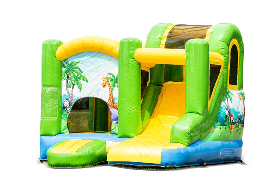 Klein overdekt opblaasbaar multiplay springkasteel met glijbaan kopen in thema jungle voor kids. Bestel opblaasbare springkastelen online bij JB Inflatables Nederland
