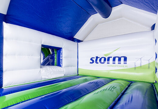 Opblaasbare Storm - Multifun Windmolen springkastelen met glijbaan in huisstijl kleuren en logo van de klant bestellen bij JB Inflatables Nederland. Vraag nu gratis ontwerp aan voor opblaasbare luchtkussens in uw huisstijl