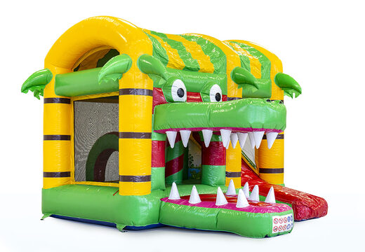 Koop mini opblaasbare multiplay springkasteel in krokodil thema met glijbaan voor kinderen. Bestel opblaasbare springkastelen online bij JB Inflatables Nederland