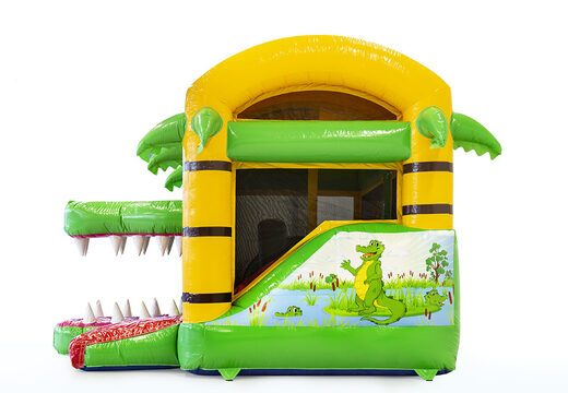 Mini opblaasbare multiplay springkussen met glijbaan in krokodil thema te bestellen voor kinderen. Bestel opblaasbare springkussens online at JB Inflatables Nederland