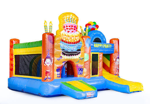 Springkasteel in feest theme met een glijbaan bestellen voor kinderen. Koop opblaasbare springkastelen online bij JB Inflatables Nederland