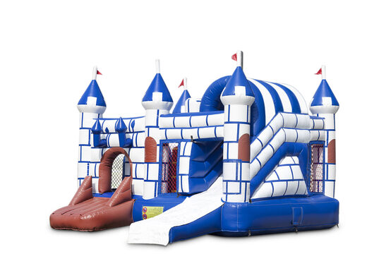 Overdekt opblaasbaar multiplay springkussen met glijbaan kopen in thema blauw wit kasteel voor kinderen. Bestel opblaasbare springkussens online bij JB Inflatables Nederland