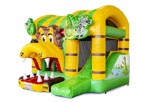 Klein overdekt opblaasbaar multiplay springkussen kopen in thema jungleworld voor kinderen. Bestel opblaasbare springkussens online bij JB Inflatables Nederland