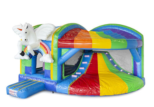 Opblaasbaar overdekt multiplay springkasteel met glijbaan bestellen in thema unicorn voor kids. Koop opblaasbare springkastelen online bij JB Inflatables Nederland