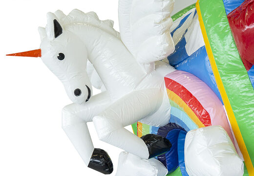 Springkussen in unicorn thema met glijbaan en met binnenin 3D objecten bestellen voor kinderen.  Koop opblaasbare springkussens online bij JB Inflatables Nederland