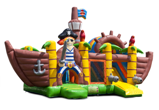 Multiplay piratenschip springkasteel met een glijbaan, leuke objecten op het springvlak en opvallende 3D objecten bestellen voor kids. Koop opblaasbare springkastelen online bij JB Inflatables Nederland