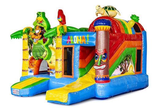 Overdekt opblaasbaar multiplay springkussen met glijbaan kopen in thema tropisch hawaii voor kinderen. Bestel opblaasbare springkussens online bij JB Inflatables Nederland