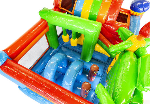 Koop middelmatig opblaasbare multiplay springkussen in hawaii thema met glijbaan voor kinderen. Bestel opblaasbare springkussens online bij JB Inflatables Nederland