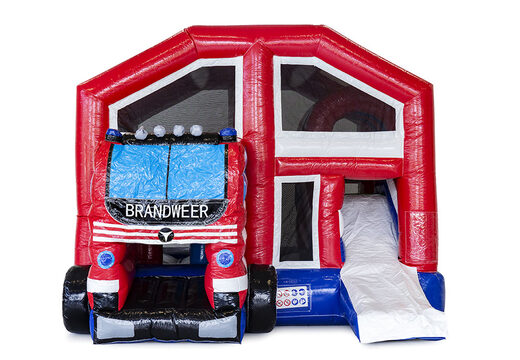 Multiplay brandweer springkussen met een glijbaan, pilaren op het springvlak en opvallende 3D object kopen voor kids. Bestel opblaasbare springkussens online bij JB Inflatables Nederland