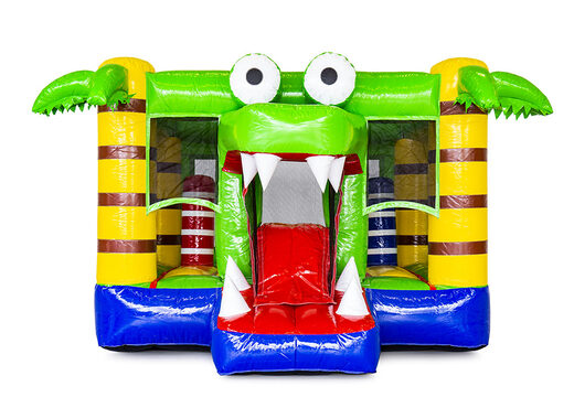 Klein opblaasbaar multiplay springkasteel met glijbaan in thema krokodil kopen voor kinderen. Bestel springkastelen online bij JB Inflatables Nederland