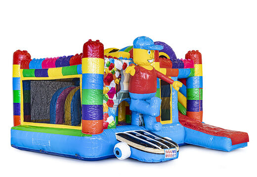 Opblaasbaar overdekt multiplay springkussen met glijbaan kopen in thema superblocks lego voor kinderen. Bestel opblaasbare springkussens online bij JB Inflatables Nederland