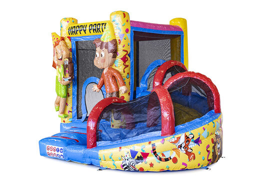Mini opblaasbare multiplay springkasteel met glijbaan in party thema te bestellen voor kinderen. Bestel opblaasbare springkastelen online at JB Inflatables Nederland