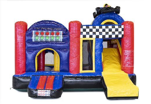Medium opblaasbare multiplay springkasteel in formule 1 thema te bestellen voor kinderen. Bestel opblaasbare springkastelen online at JB Inflatables Nederland