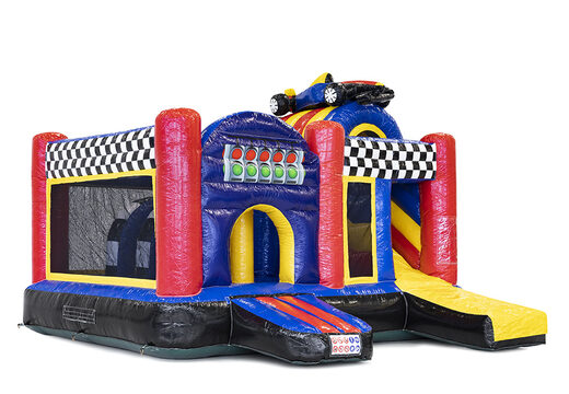 Multiplay springkasteel met slide in thema formule 1 bestellen voor kinderen. Koop opblaasbare springkastelen online bij JB Inflatables Nederland