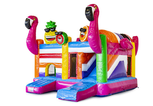 Opblaasbaar open multiplay springkasteel met glijbaan kopen in thema flamingo voor kinderen. Bestel opblaasbare springkastelen online bij JB Inflatables Nederland