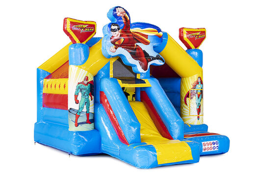 Opblaasbare slide combo springkasteel in thema superhelden te koop voor kinderen. Bestel nu opblaasbare springkastelen met glijbaan bij JB Inflatables Nederland