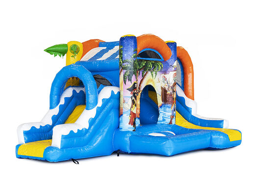 Springkasteel in thema piraat met een glijbaan kopen voor kinderen. Bestel opblaasbare springkastelen online bij JB Inflatables Nederland
