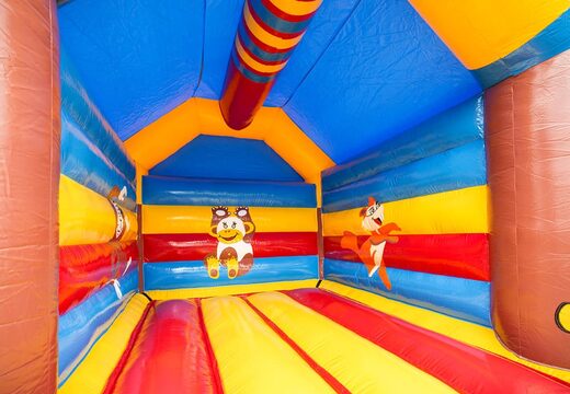 Standaard springkasteel voor kinderen kopen in opvallende kleuren met bovenop een groot 3D object in de vorm van een aap. Bestel springkastelen online bij JB Inflatables Nederland