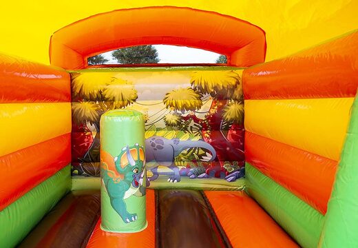 Klein overdekt springkussen te koop in thema dinosaurus voor kinderen. Bestel springkussens online bij JB Inflatables Nederland