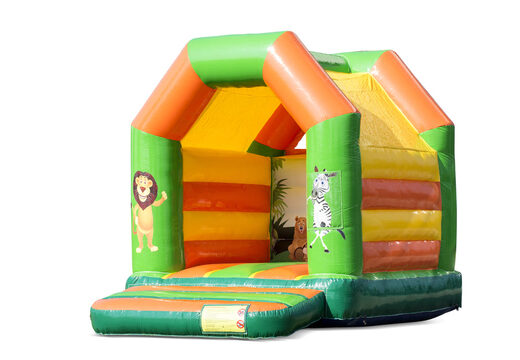 Midi springkasteel kopen in een kleuren combinatie van groen geel en oranje in jungle thema voor kinderen. Bestel springkastelen online bij JB Inflatables Nederland