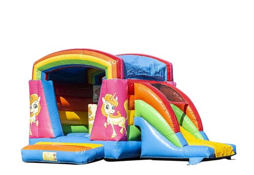 Klein overdekt multifun springkussen kopen in thema unicorn met glijbaan voor kinderen. Koop springkussens online bij JB Inflatables Nederland