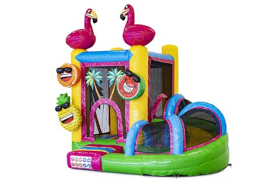Koop mini opblaasbare multiplay springkasteel in flamingo thema met glijbaan voor kinderen. Bestel opblaasbare springkastelen online bij JB Inflatables Nederland