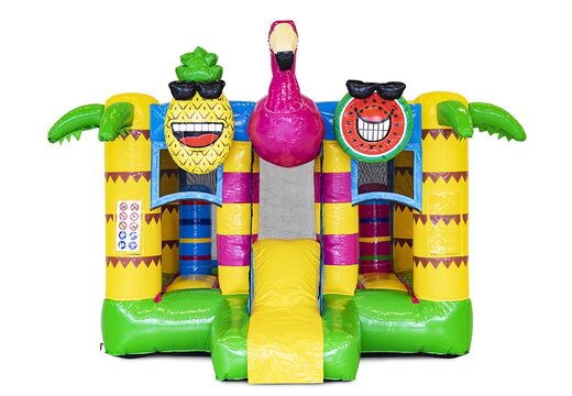 Mini opblaasbare multiplay springkussen met glijbaan te koop voor kinderen in flamingo thema. Koop opblaasbare springkussens online bij JB Inflatables Nederland