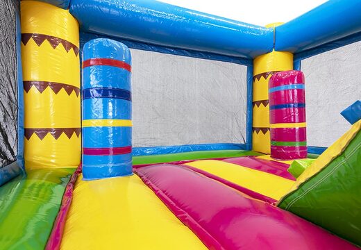 Mini opblaasbare multiplay springkasteel met glijbaan te koop voor kinderen in flamingo thema. Koop opblaasbare springkastelen online bij JB Inflatables Nederland