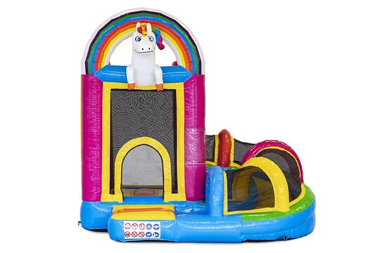 Mini opblaasbare multiplay springkussen met glijbaan in unicorn thema te bestellen voor kinderen. Bestel opblaasbare springkussens online at JB Inflatables Nederland