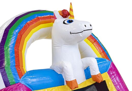 Klein overdekt opblaasbaar multiplay springkussen met glijbaan kopen in thema unicorn voor kinderen. Bestel opblaasbare springkussens online bij JB Inflatables Nederland
