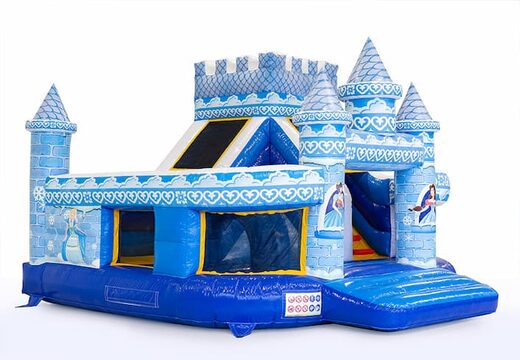 Opblaasbaar blauw open multiplay springkussen met glijbaan kopen in prinses thema voor kids Bestel springkussens online bij JB Inflatables Nederland
