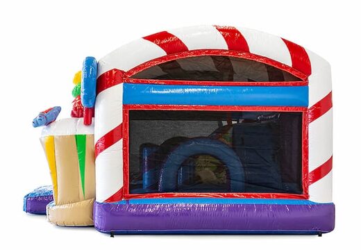 Opblaasbaar multiplay snoep springkasteel met een glijbaan in het midden en 3D objecten kopen voor kinderen. Bestel springkastelen online bij JB Inflatables Nederland