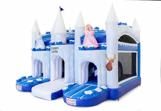 Groot opblaasbaar overdekt blauw wit multiplay luchtkussen met glijbaan kopen in thema ice ijs frozen voor kinderen. Bestel luchtkussens online bij JB Inflatables Nederland