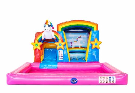 Klein springkasteel met dak, glijbaan en badje in unicorn thema kopen bij JB Inflatables Nederland. Bestel springkastelen online bij JB Inflatables Nederland