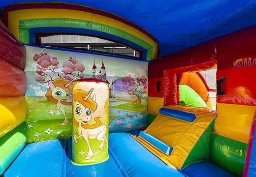 Klein overdekt multifun springkasteel kopen in thema unicorn met glijbaan voor kinderen. Koop springkastelen online bij JB Inflatables Nederland
