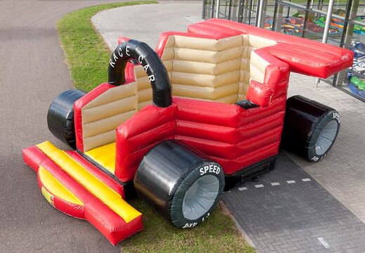 F1 auto super springkussen kopen in de kleuren zwart rood bruin en geel voor kinderen. Koop springkussens online bij JB Inflatables Nederland 