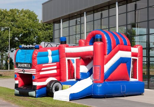 Bestel medium opblaasbare brandweer auto springkasteel met glijbaan voor kinderen. Koop opblaasbare springkastelen online at JB Inflatables Nederland 