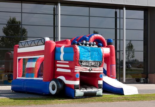 Medium opblaasbare multiplay springkasteel met glijbaan in brandweer auto thema bestellen voor kinderen. Bestel opblaasbare springkastelen online at JB Inflatables Nederland