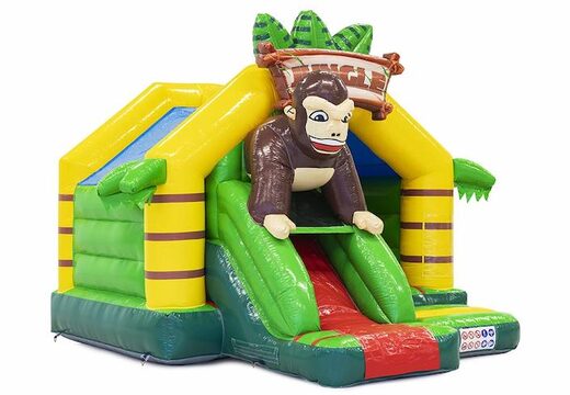 Slide combo Slide combo opblaasbaar springkussen met glijbaan in jungle thema met gorilla erop kopen springkussen met glijbaan in jungle thema met gorilla erop te koop