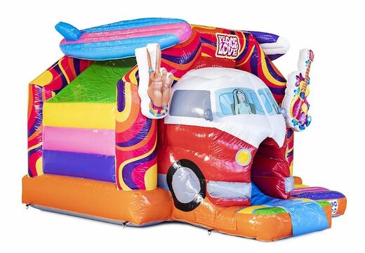 Opblaasbaar luchtkussen in hippy thema met glijbaan bestellen voor kinderen