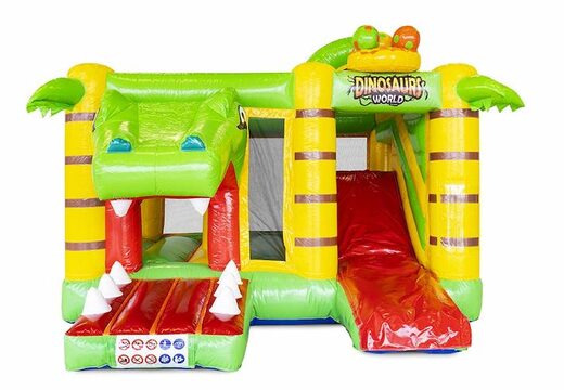 Compact opblaasbaar springkasteel met glijbaan in Dino thema kopen voor kinderen