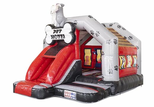Opblaasbaar springkasteel slide combo met glijbaan in dierenhotel thema bestellen voor kinderen