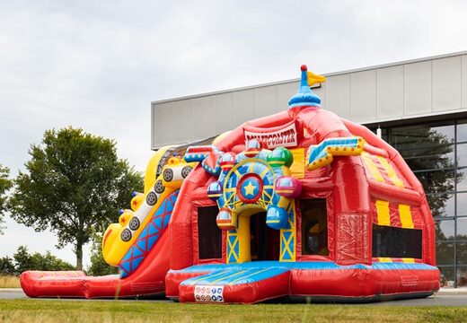 Multiplay super opblaasbaar springkasteel met glijbaan in achtbaan thema rood kopen voor kinderen