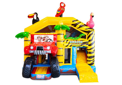 Opblaasbaar luchtkussen met dak en glijbaan in safari thema met 3d dieren erboven op kopen voor kinderen