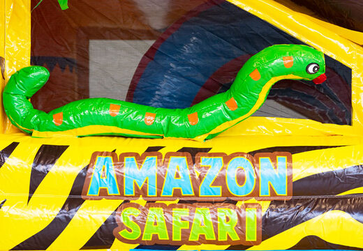 Opblaasbaar luchtkussen met dak en glijbaan in safari thema met 3d dieren erboven op te koop voor kinderen