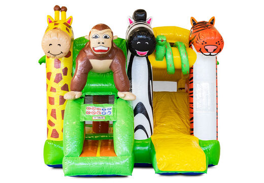 Overdekt opblaasbaar Mini Multiplay springkussen met glijbaan bestellen in thema Jungle voor kinderen. Koop nu opblaasbare springkussens bij JB Inflatables Nederland