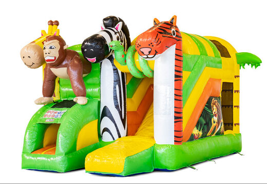 Overdekt opblaasbaar Mini Multiplay springkussen met glijbaan kopen in thema Jungle voor kinderen. Bestel nu opblaasbare springkussens bij JB Inflatables Nederland